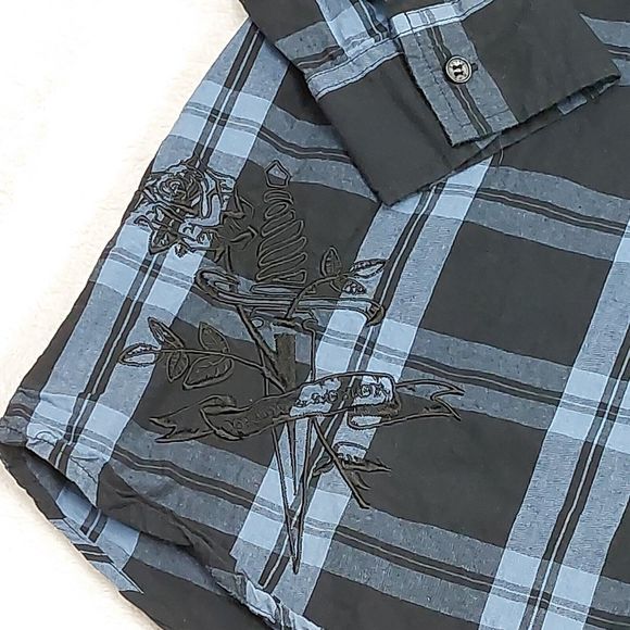 MMA Elite Long Sleeve Button Up Men's Size Large Blue Plaid Shirt Pride & Honor - Picture 3 of 8